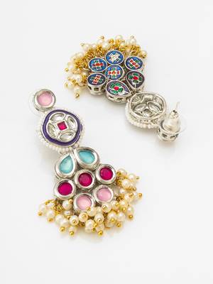 multicolour kundan and pearl cluster drop earrings 3