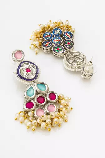 multicolour kundan and pearl cluster drop earrings