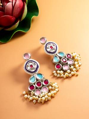 multicolour kundan and pearl cluster drop earrings 5