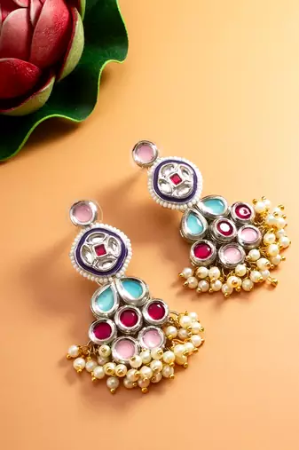 multicolour kundan and pearl cluster drop earrings