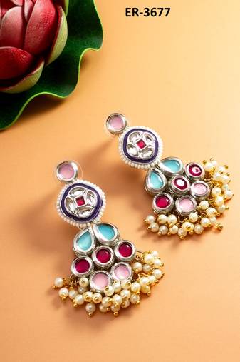 multicolour kundan and pearl cluster drop earrings