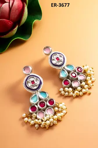 multicolour kundan and pearl cluster drop earrings