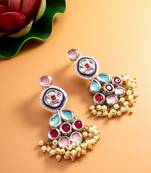 multicolour kundan and pearl cluster drop earrings
