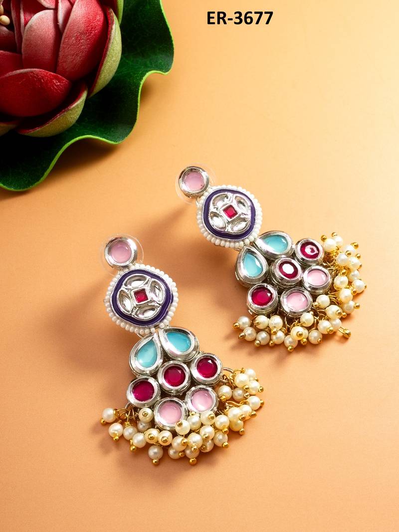 multicolour kundan and pearl cluster drop earrings