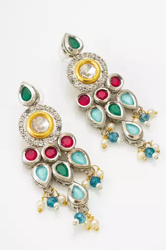 multicolour kundan and stone studded chandelier earrings