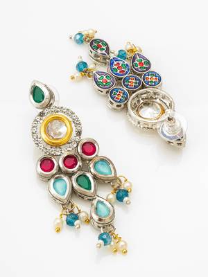 multicolour kundan and stone studded chandelier earrings 3