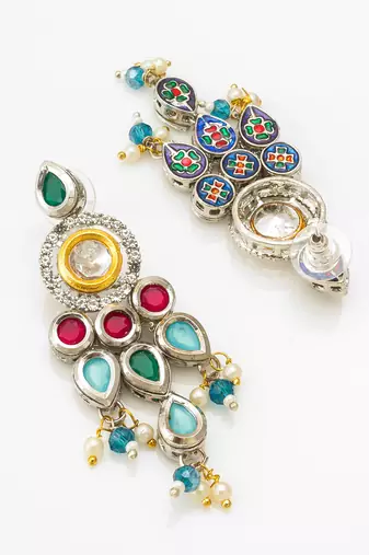 multicolour kundan and stone studded chandelier earrings