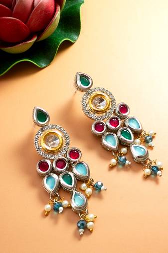 multicolour kundan and stone studded chandelier earrings