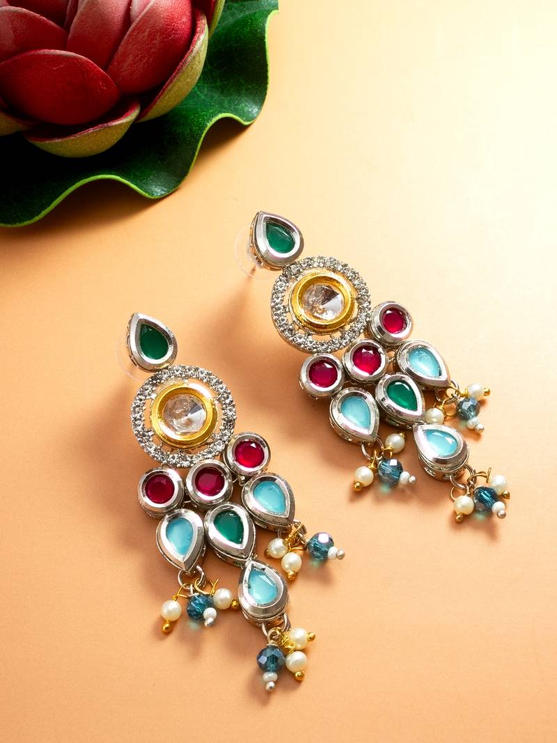 multicolour kundan and stone studded chandelier earrings