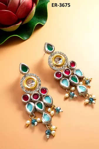 multicolour kundan and stone studded chandelier earrings
