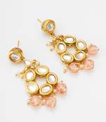 gold-toned kundan stud drop earrings with peach crackle bead drops