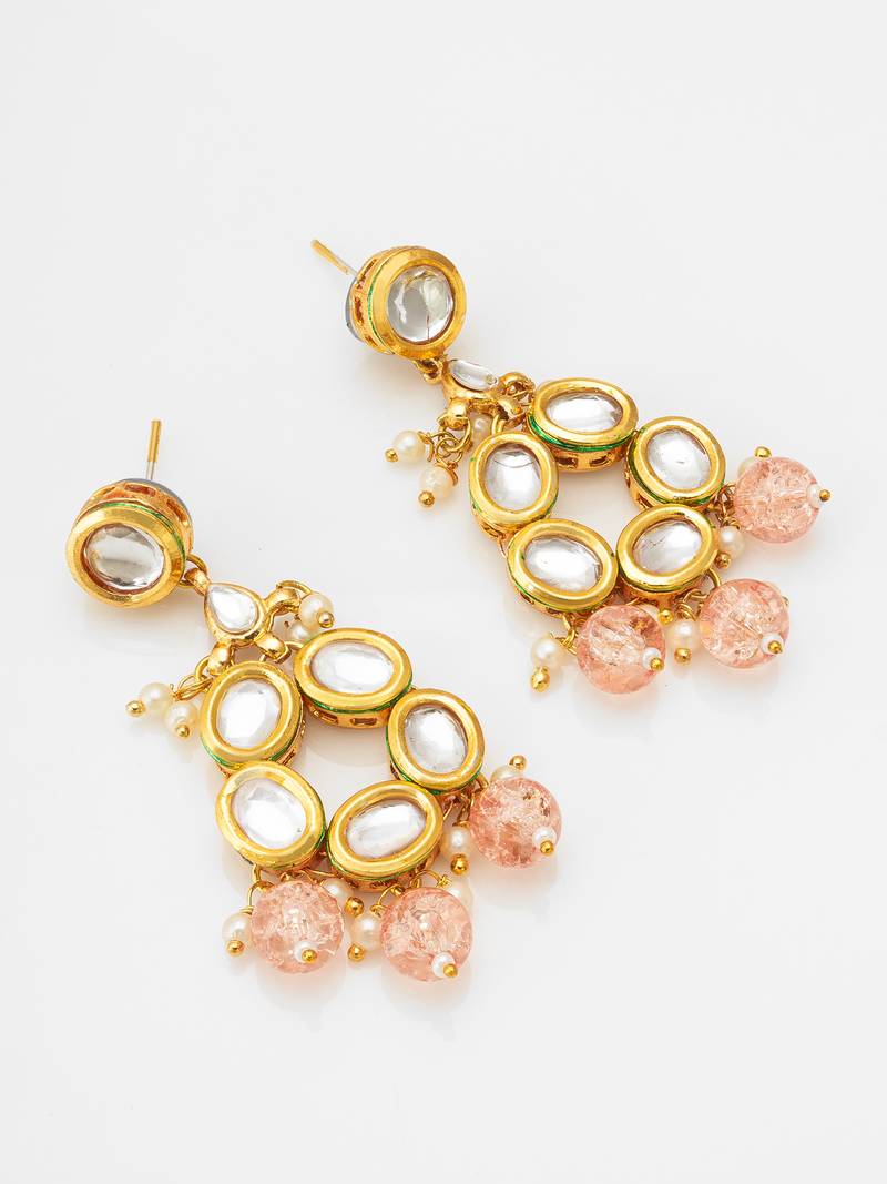 gold-toned kundan stud drop earrings with peach crackle bead drops