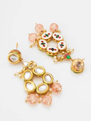gold-toned kundan stud drop earrings with peach crackle bead drops 2