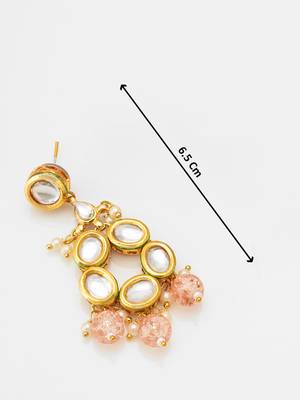gold-toned kundan stud drop earrings with peach crackle bead drops 3