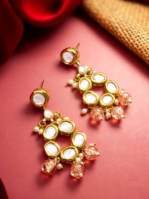 gold-toned kundan stud drop earrings with peach crackle bead drops 4