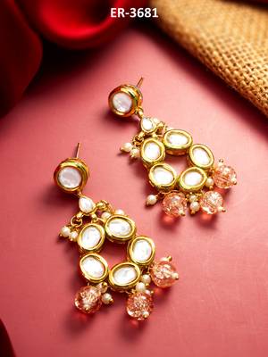 gold-toned kundan stud drop earrings with peach crackle bead drops 5