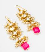 gold-toned kundan drop earrings with pearl cluster and stone