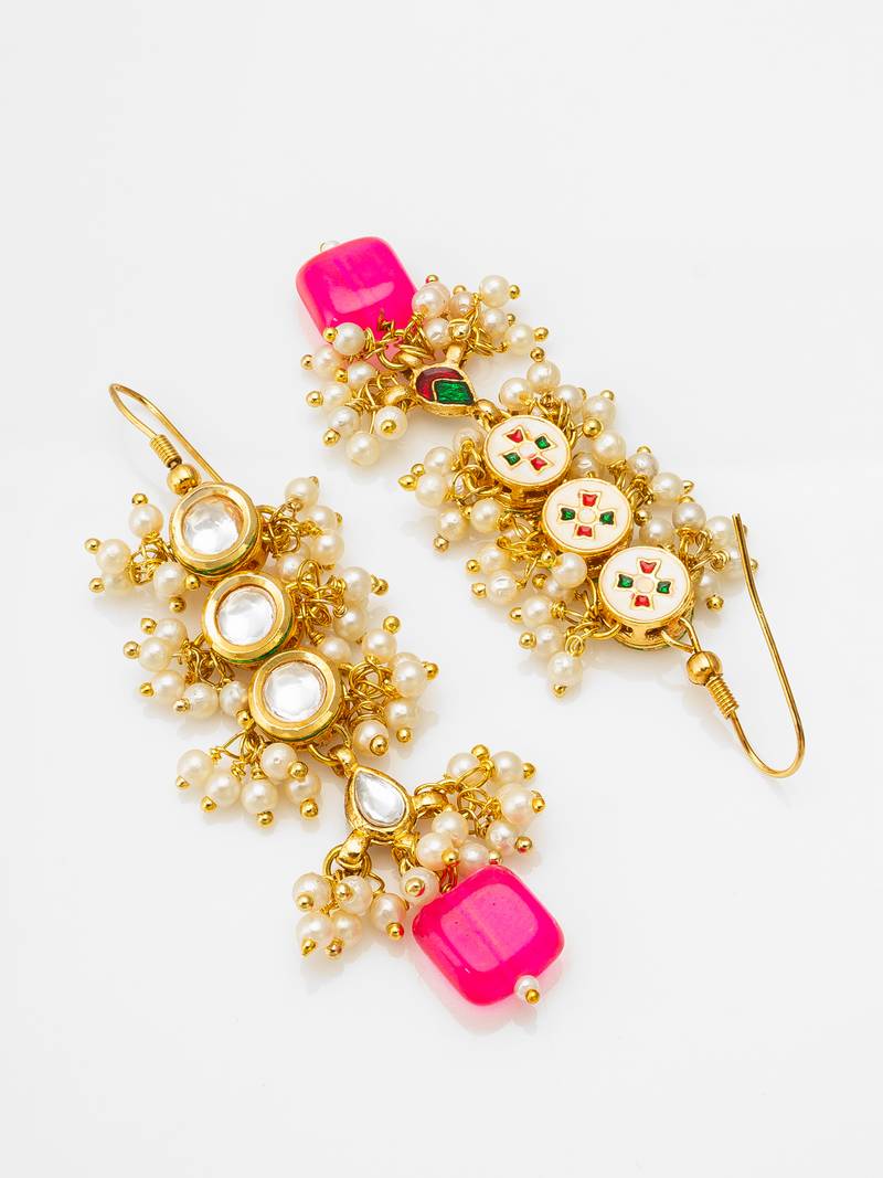 gold-toned kundan drop earrings with pearl cluster and stone