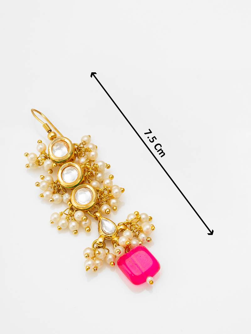 gold-toned kundan drop earrings with pearl cluster and stone
