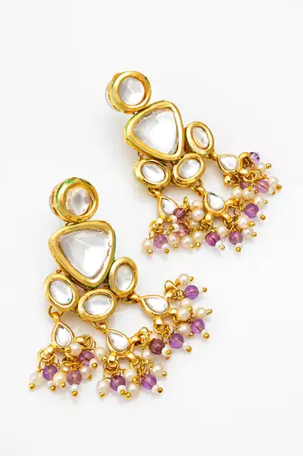 gold-toned kundan multi-stone drop earrings