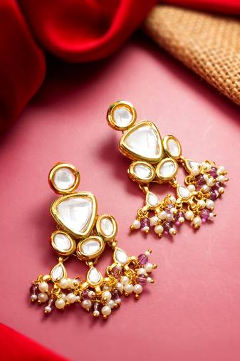 gold-toned kundan multi-stone drop earrings