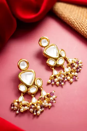 gold-toned kundan multi-stone drop earrings
