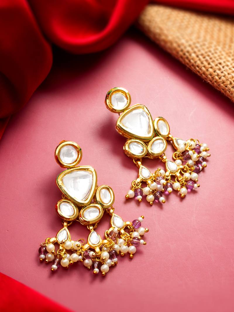 gold-toned kundan multi-stone drop earrings