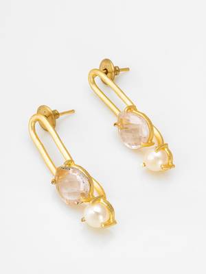 gold-plated oval link drop earrings with stone and pearl 2