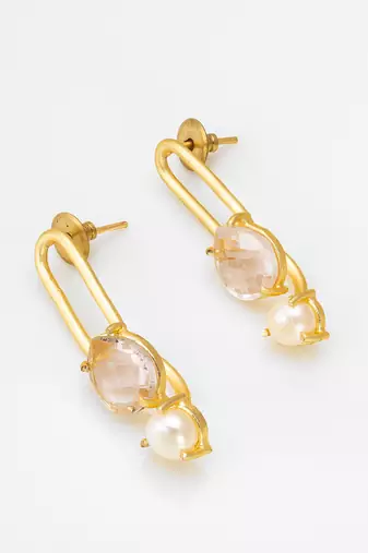 gold-plated oval link drop earrings with stone and pearl