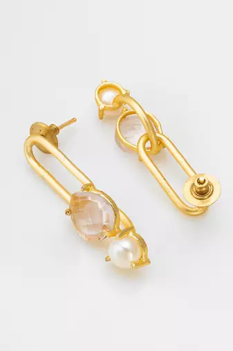 gold-plated oval link drop earrings with stone and pearl