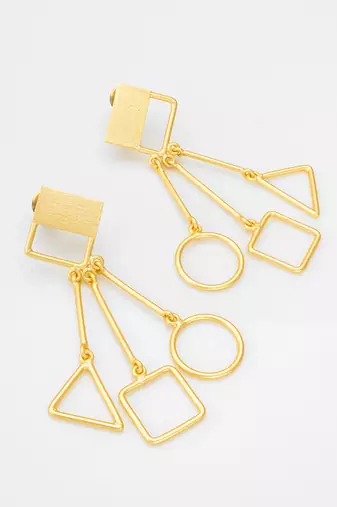 gold-plated multi-shape drop earrings with triangle, square and circle pendants