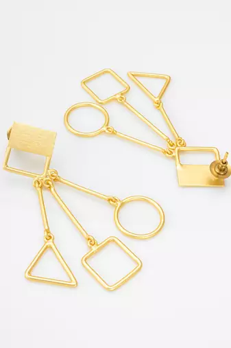 gold-plated multi-shape drop earrings with triangle, square and circle pendants