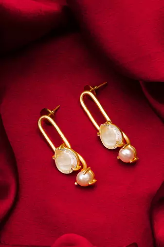 gold-plated oval link drop earrings with stone and pearl