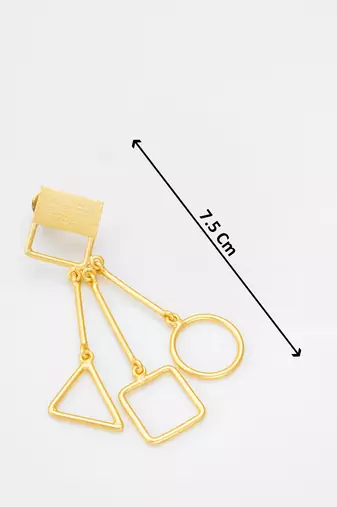 gold-plated multi-shape drop earrings with triangle, square and circle pendants