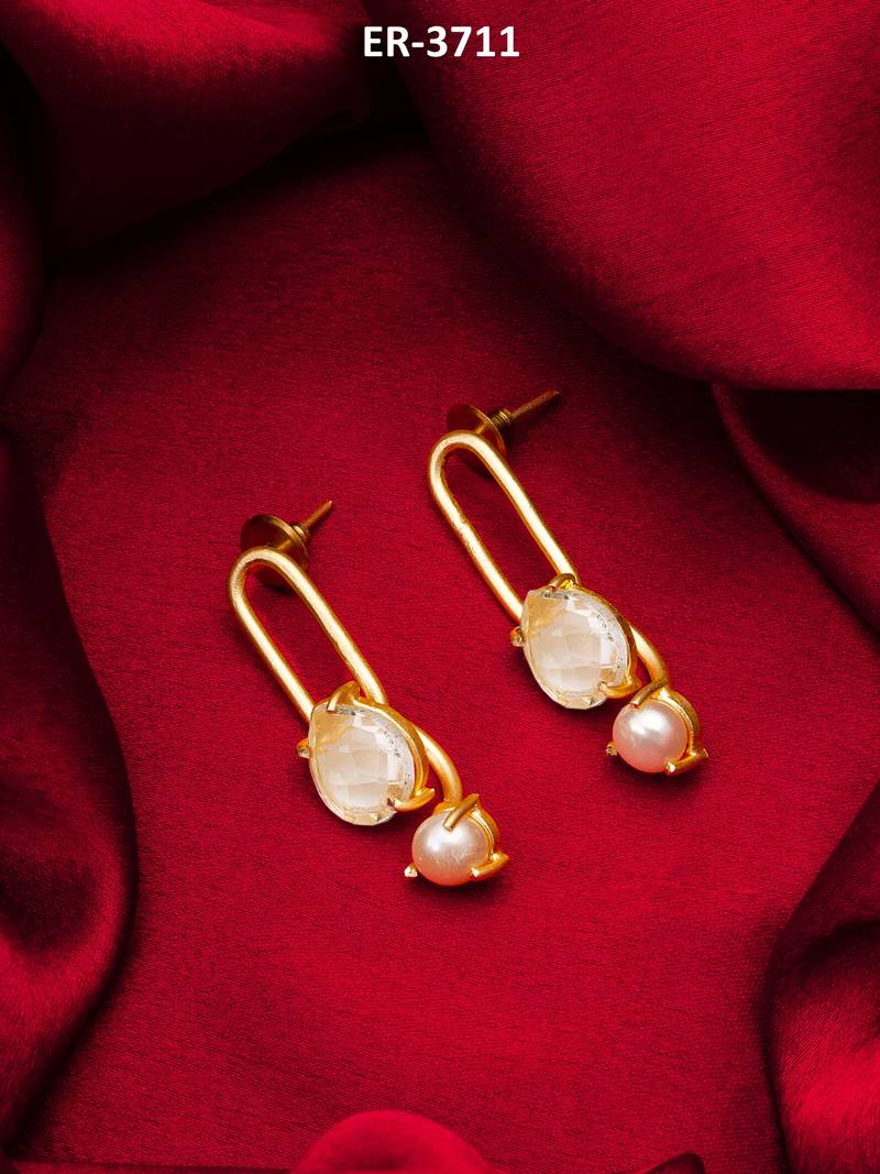 gold-plated oval link drop earrings with stone and pearl