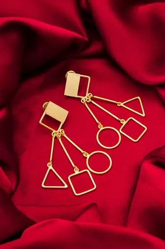 gold-plated multi-shape drop earrings with triangle, square and circle pendants