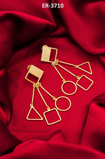 gold-plated multi-shape drop earrings with triangle, square and circle pendants