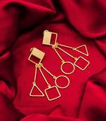 gold-plated multi-shape drop earrings with triangle, square and circle pendants