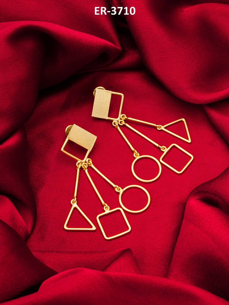 gold-plated multi-shape drop earrings with triangle, square and circle pendants