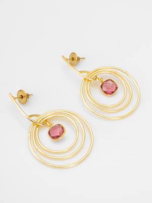 gold-plated circle hoop drop earrings with pink stone 2