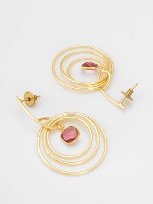 gold-plated circle hoop drop earrings with pink stone 3