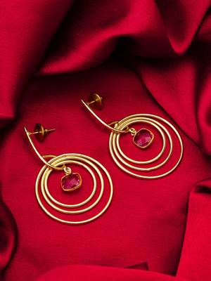 gold-plated circle hoop drop earrings with pink stone 5