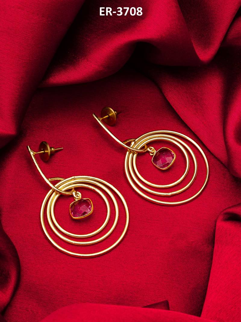 gold-plated circle hoop drop earrings with pink stone
