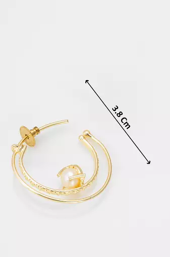 gold-plated double-layer open hoop earrings with pearl centre