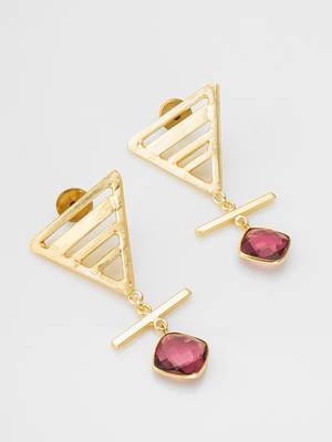 gold-plated textured triangle frame drop earrings with stone 2