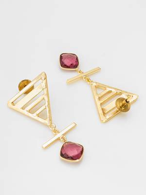 gold-plated textured triangle frame drop earrings with stone 3