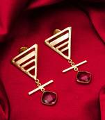 gold-plated textured triangle frame drop earrings with stone