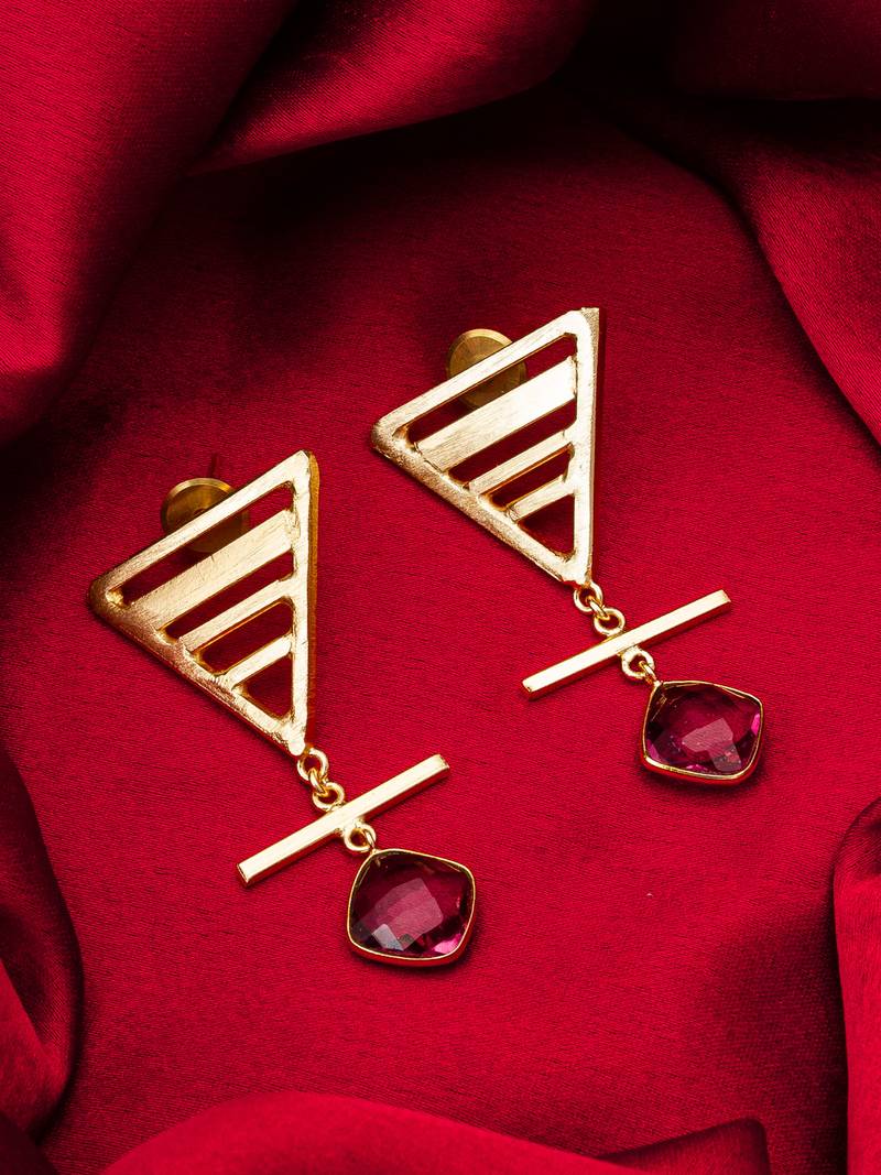 gold-plated textured triangle frame drop earrings with stone