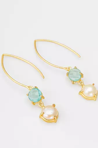 gold-plated hook drop earrings with aqua stone and pearl