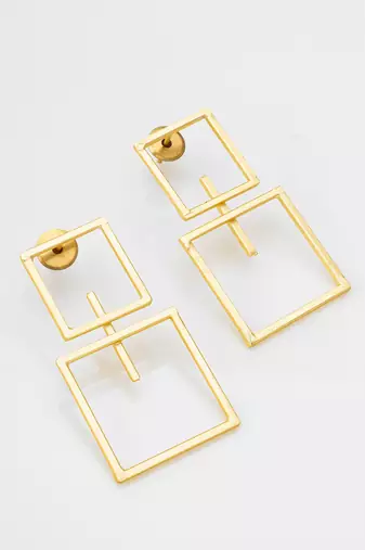 gold-plated double open square frame drop earrings
